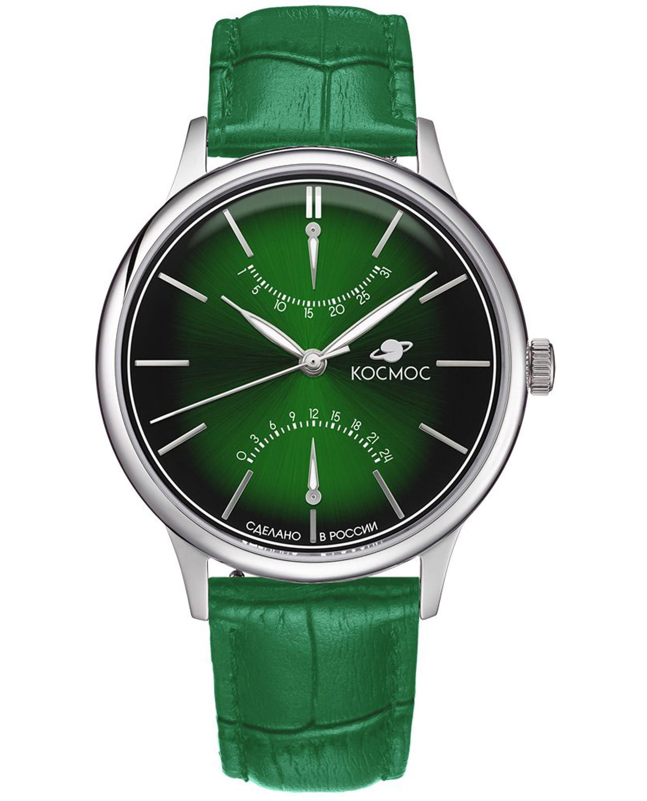 Космос Космос Космопорт K 058.17.38  K 058.17.38 кварцевые мужские часы зеленый циферблат, браслет кожаный — вид спереди